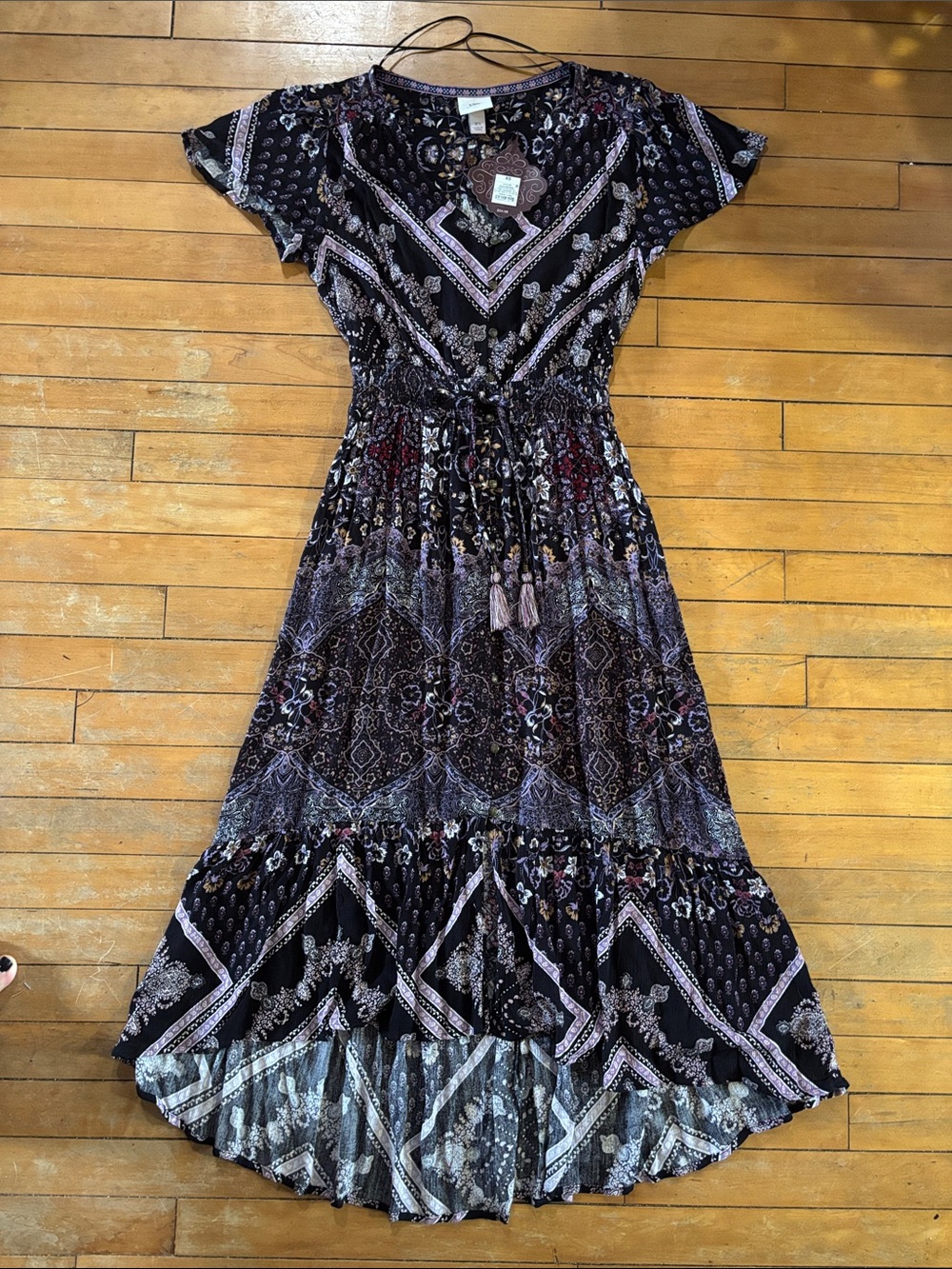 NWT Beautiful High-Low Bohemian Print Dress in Black and Purple -